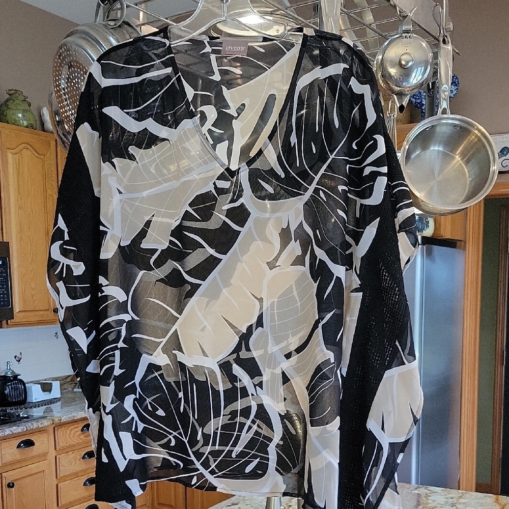Chicos Sheer Black and White and Cream Leaf Print Top